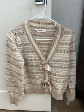 Cream & Tan Striped Tie-Front Knit Sweater
